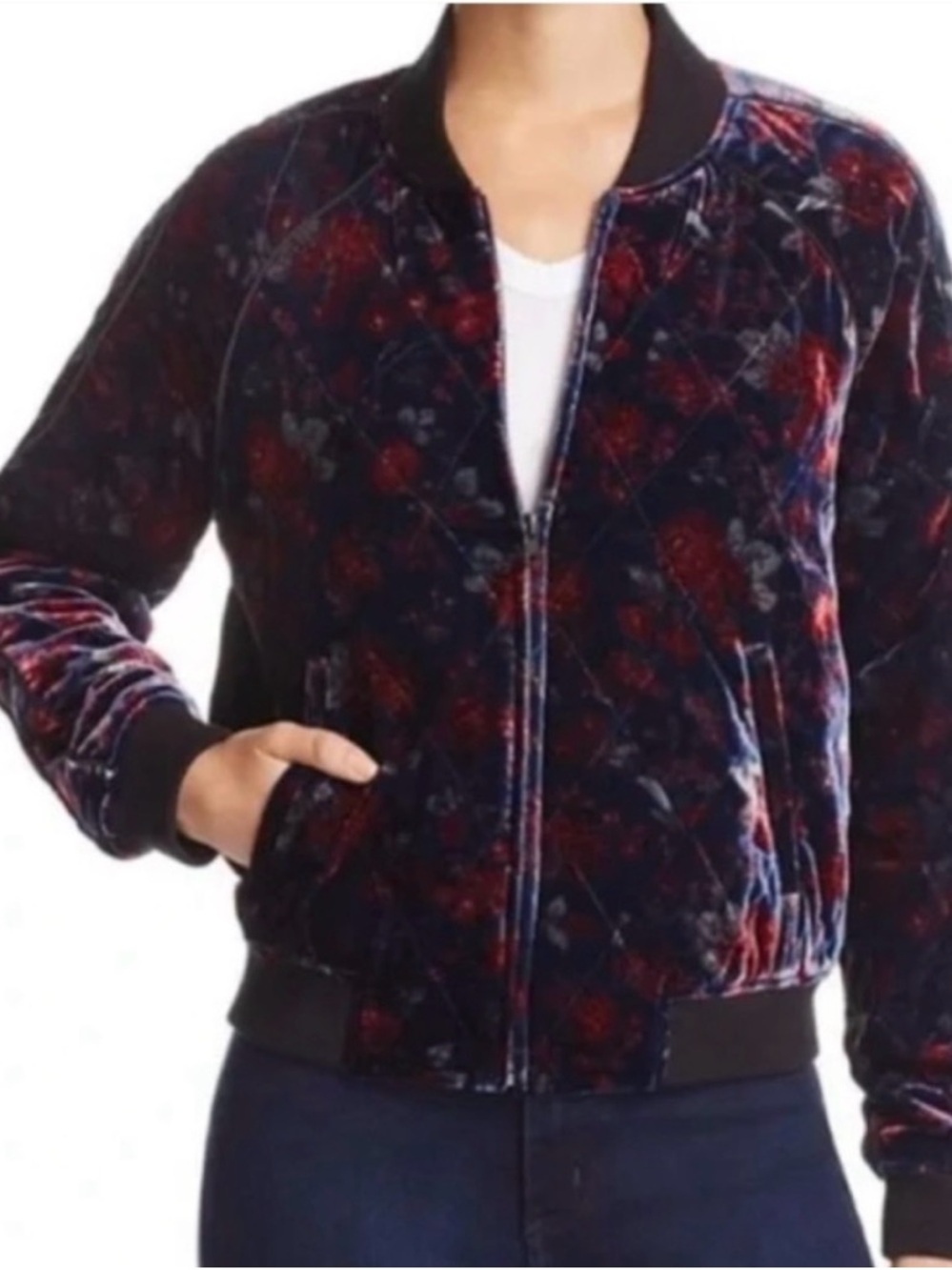 Joie Mace dark Floral silk blend Velvet Bomber Jacket sz M blue purple